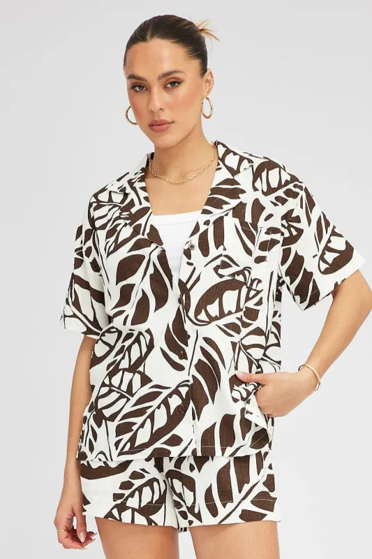 Brown Abstract Linen Shirt Short Sleeve sold by Ally Fashion