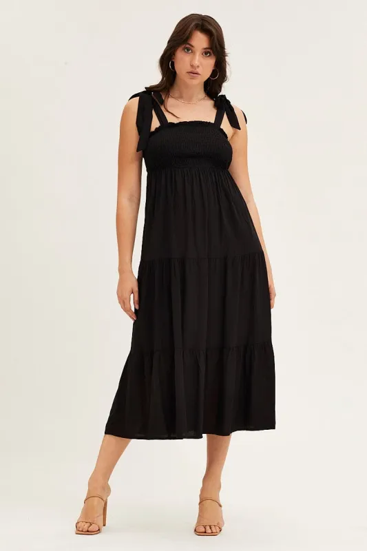 Black Tied Shoulder Tiered Midi Dress sold by Ally Fashion