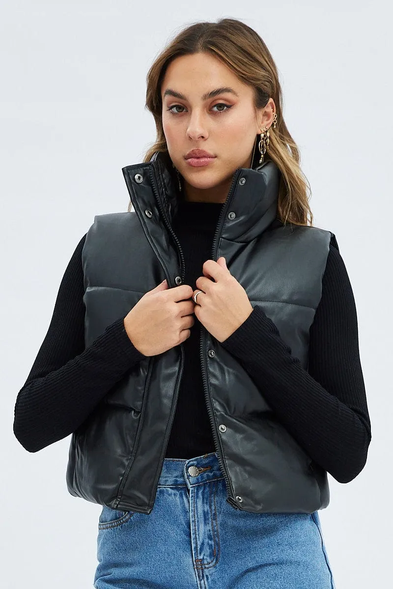 Black Puffer Zip Sleeveless Faux Leather sold by Ally Fashion product image thumbnail 3