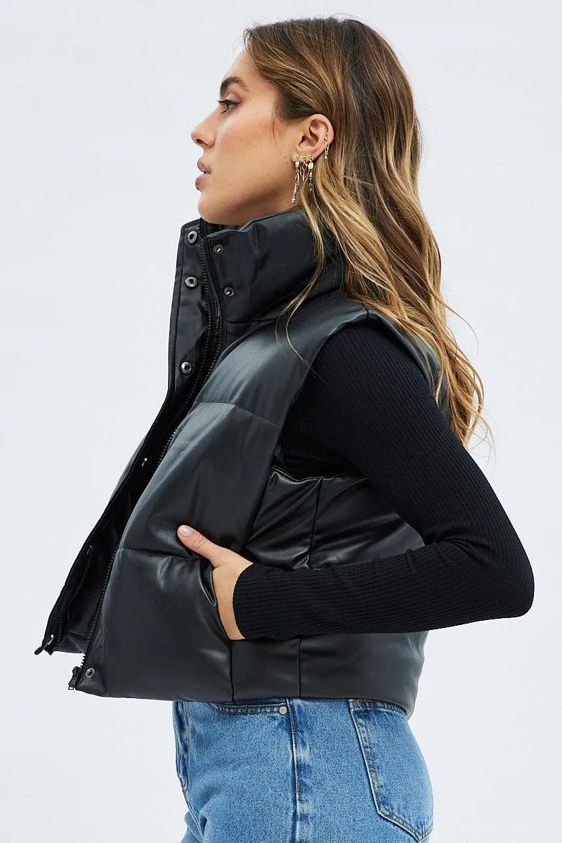 Black Puffer Zip Sleeveless Faux Leather sold by Ally Fashion product image thumbnail 4