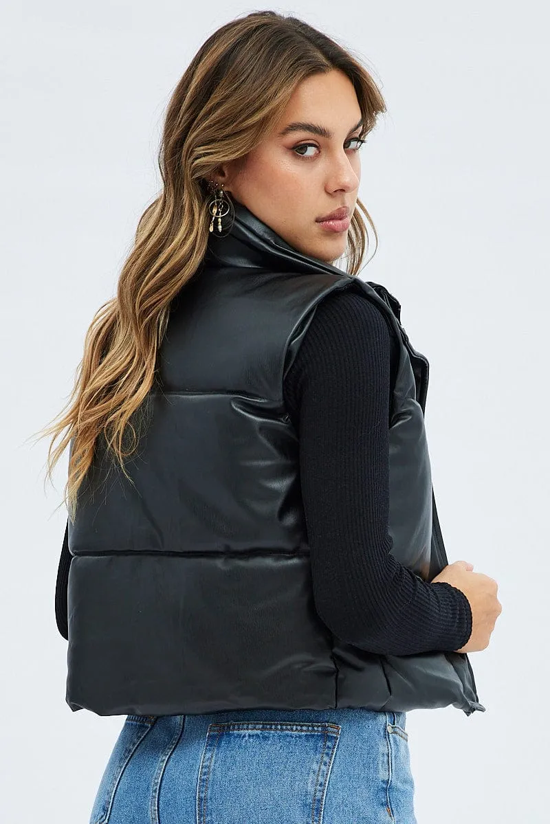 Black Puffer Zip Sleeveless Faux Leather sold by Ally Fashion product image thumbnail 5