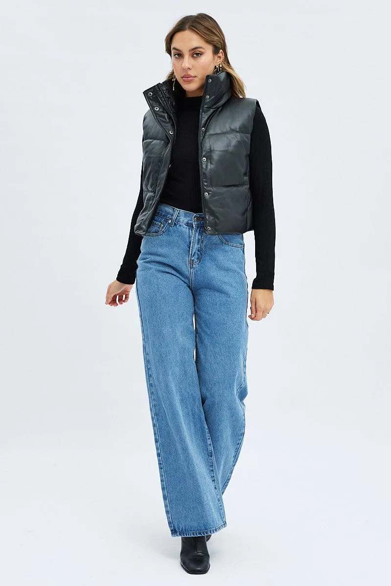 Black Puffer Zip Sleeveless Faux Leather sold by Ally Fashion product image thumbnail 2