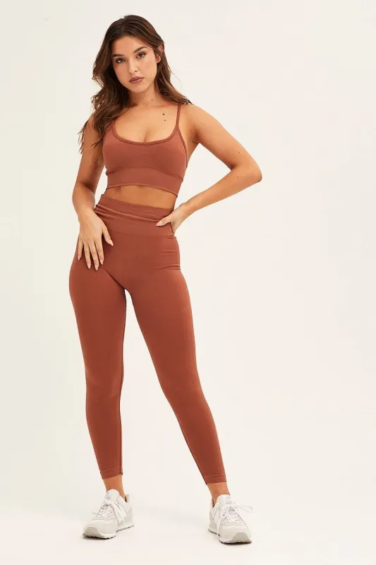 Brown Seamless Activewear Top And Pants Set sold by Ally Fashion