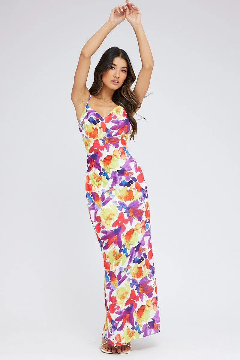 Multi Floral Maxi Dress Slip Cami Watercolour Print sold by Ally Fashion