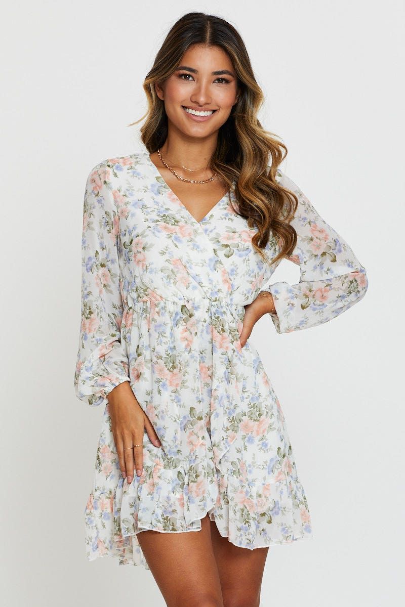Print Wrap Dress Long Sleeve Ruffle Hem sold by Ally Fashion product image thumbnail 3