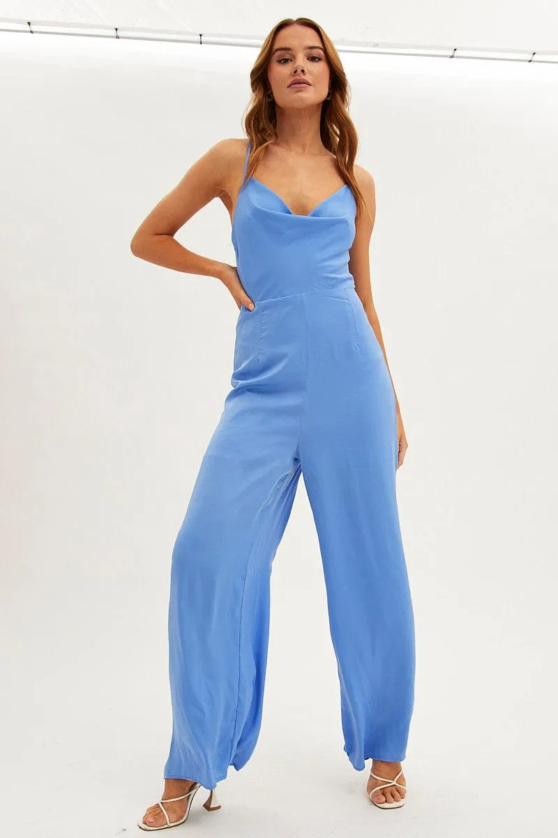 Blue Wide Leg Jumpsuit Sleeveless Cowl Neck Satin sold by Ally Fashion product image thumbnail 3