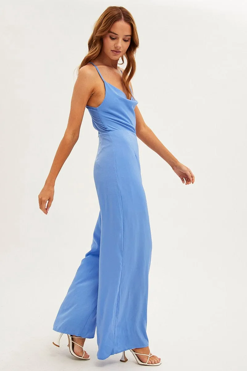 Blue Wide Leg Jumpsuit Sleeveless Cowl Neck Satin sold by Ally Fashion product image thumbnail 4