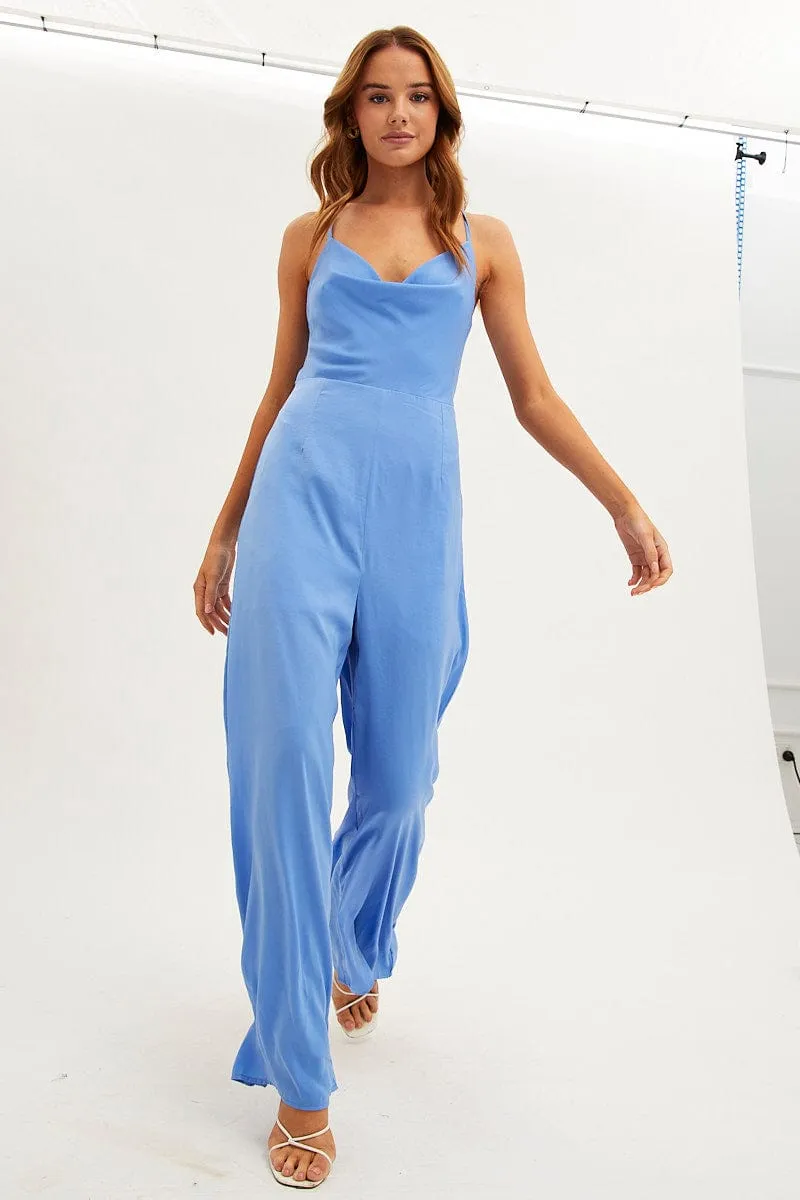 Blue Wide Leg Jumpsuit Sleeveless Cowl Neck Satin sold by Ally Fashion