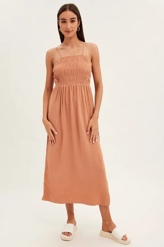 Beige Maxi Dress With Straps Shirring Linen Blend sold by Ally Fashion