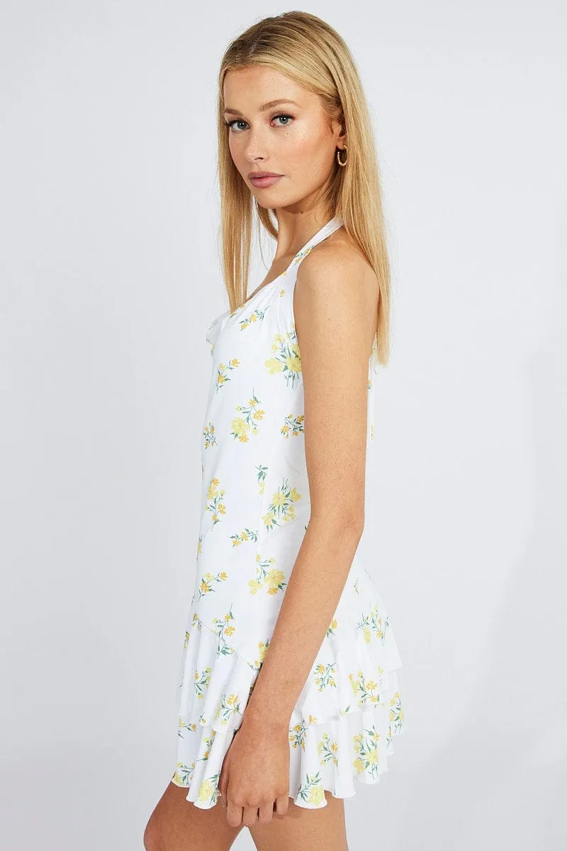 White Floral Ruffle Dress Halter Neck Bouquet Mini dress sold by Ally Fashion product image thumbnail 2