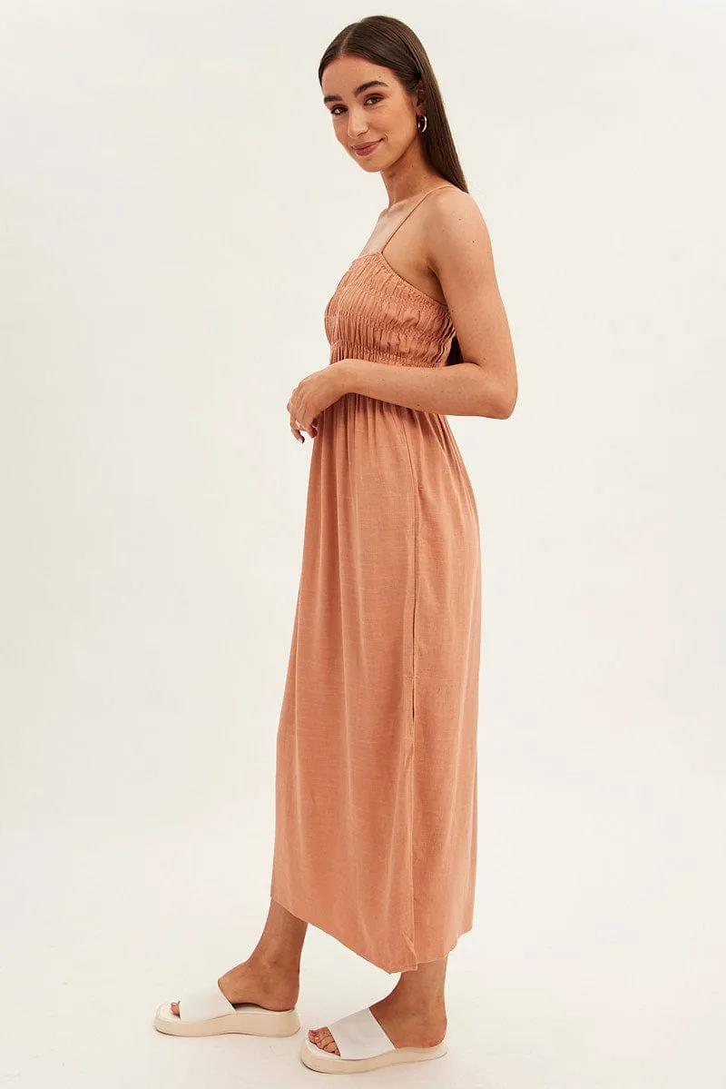 Beige Maxi Dress With Straps Shirring Linen Blend sold by Ally Fashion product image thumbnail 4