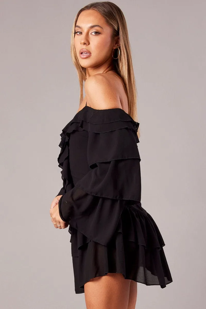 Black Ruffle Dress Bardot Layered Frill Sleeve Dress sold by Ally Fashion product image thumbnail 4