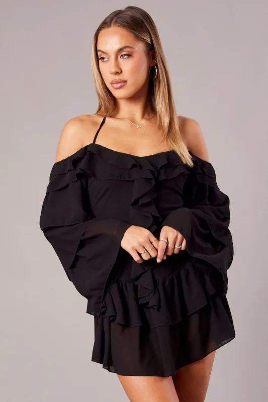 Black Ruffle Dress Bardot Layered Frill Sleeve Dress sold by Ally Fashion