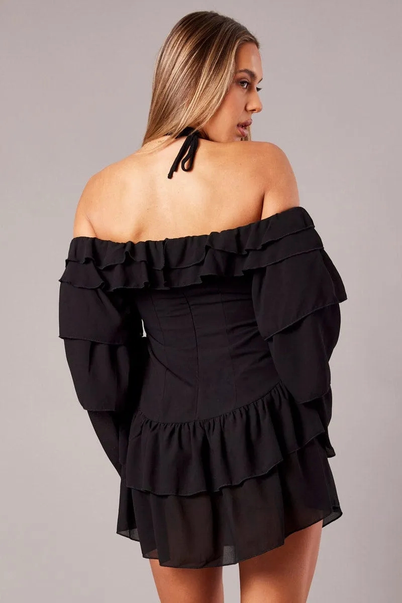 Black Ruffle Dress Bardot Layered Frill Sleeve Dress sold by Ally Fashion product image thumbnail 5