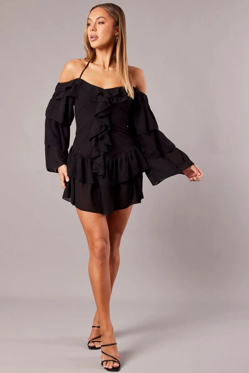 Black Ruffle Dress Bardot Layered Frill Sleeve Dress sold by Ally Fashion product image thumbnail 2