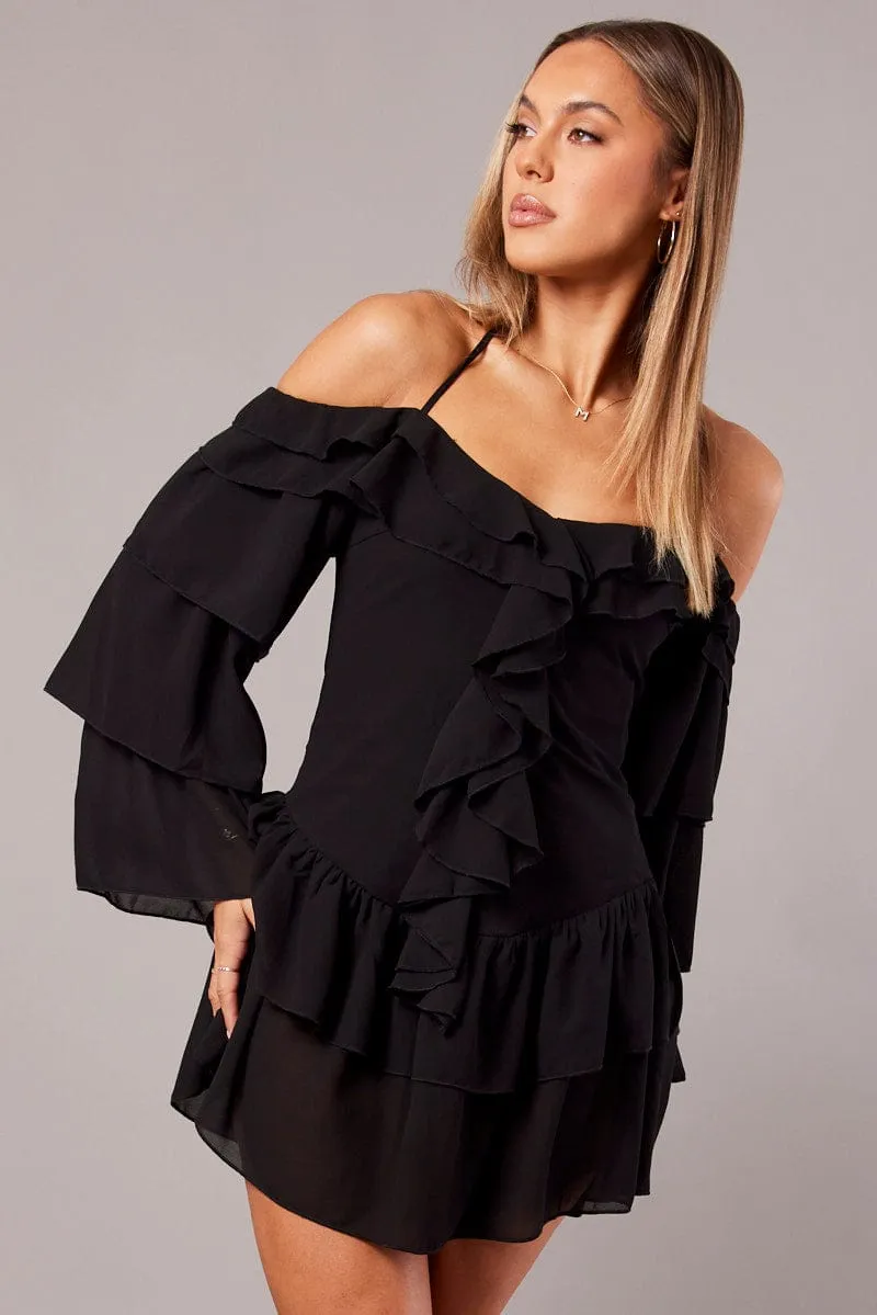 Black Ruffle Dress Bardot Layered Frill Sleeve Dress sold by Ally Fashion product image thumbnail 3