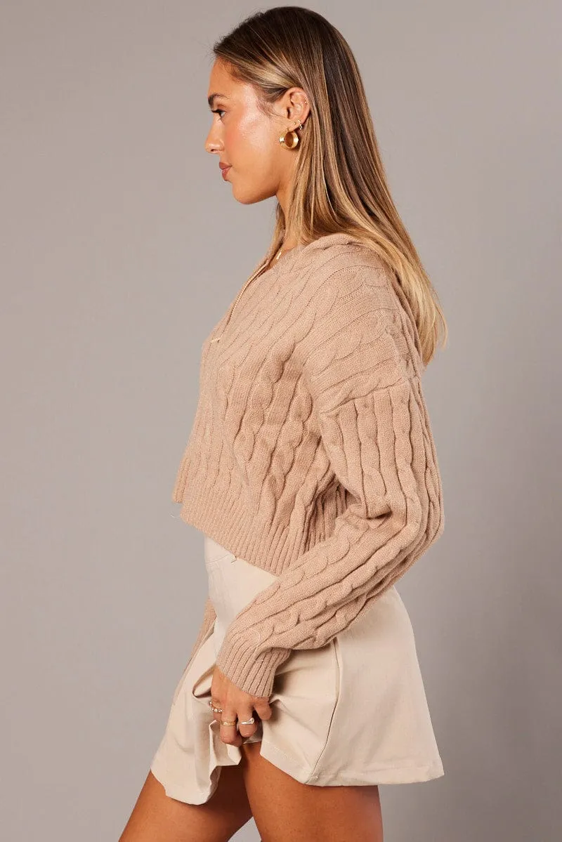 Beige Hooded Cardigan Long Sleeve Cable Knit Zip Up sold by Ally Fashion product image thumbnail 4