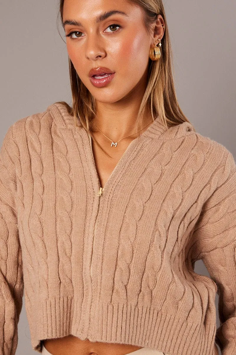 Beige Hooded Cardigan Long Sleeve Cable Knit Zip Up sold by Ally Fashion