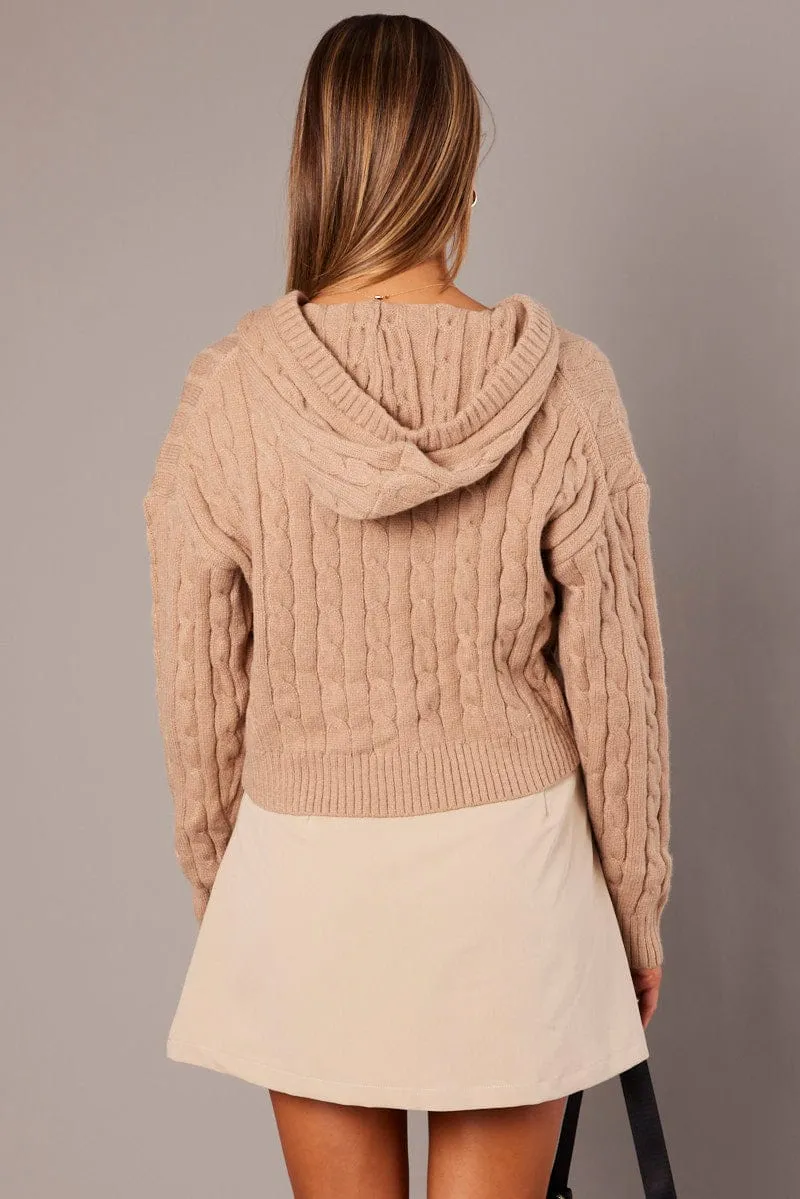 Beige Hooded Cardigan Long Sleeve Cable Knit Zip Up sold by Ally Fashion product image thumbnail 5