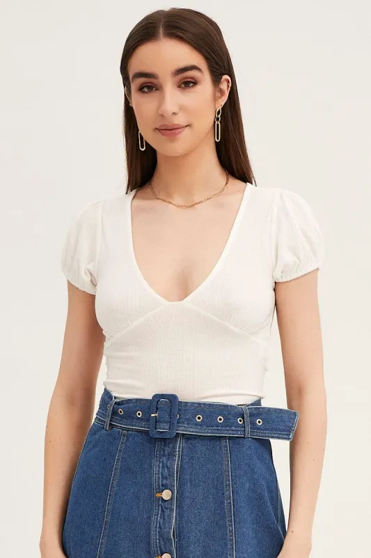 White Top Deep V Neck Puff Sleeve sold by Ally Fashion