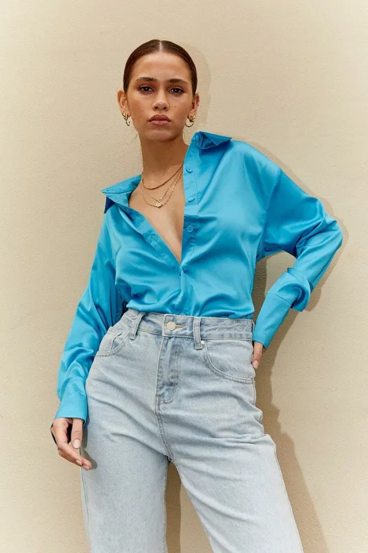 Blue Satin Shirt Long Sleeve Collared Longline sold by Ally Fashion