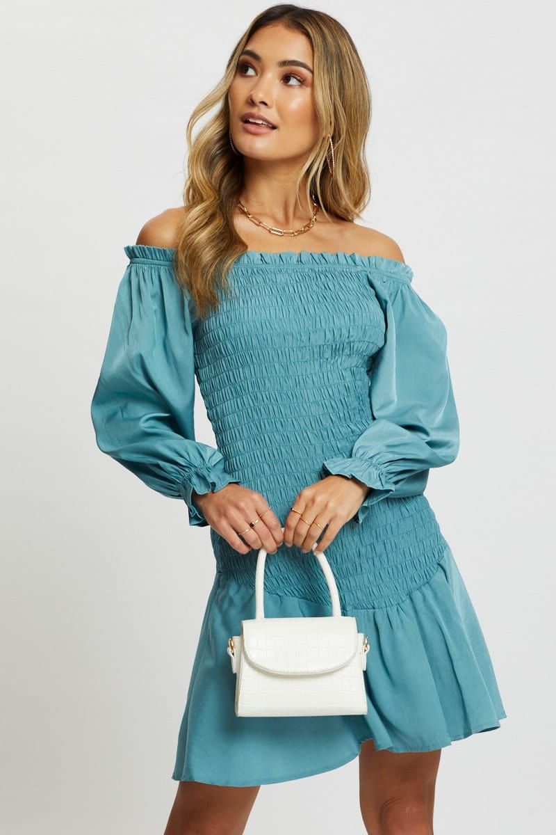 Blue Designer Shirred Of The Shoulder Ruffle Dress sold by Ally Fashion