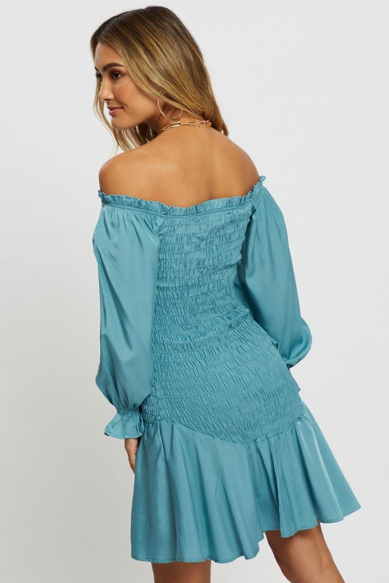 Blue Designer Shirred Of The Shoulder Ruffle Dress sold by Ally Fashion product image thumbnail 3