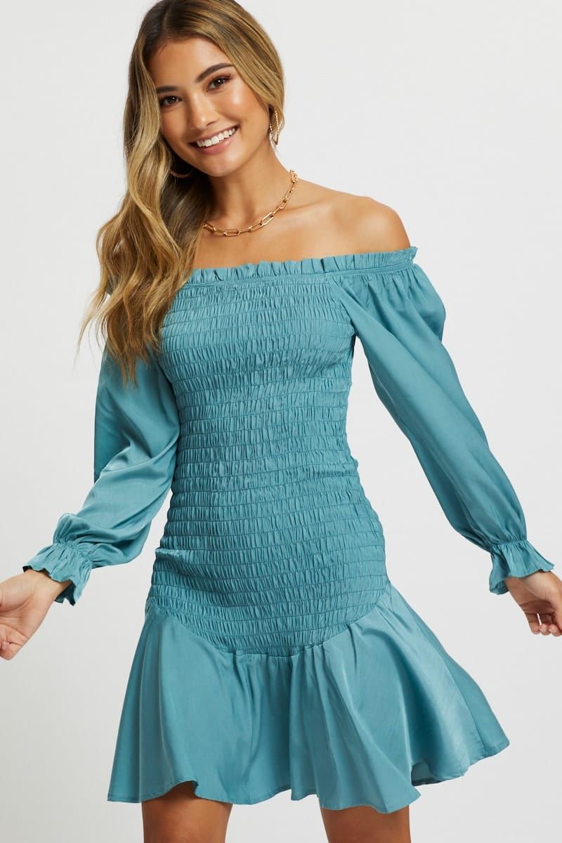 Blue Designer Shirred Of The Shoulder Ruffle Dress sold by Ally Fashion product image thumbnail 4