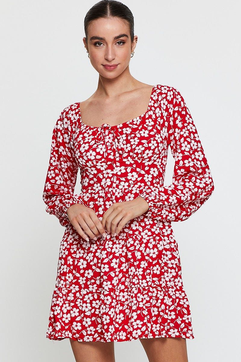 Print Mini Dress Long Sleeve Square Neck sold by Ally Fashion