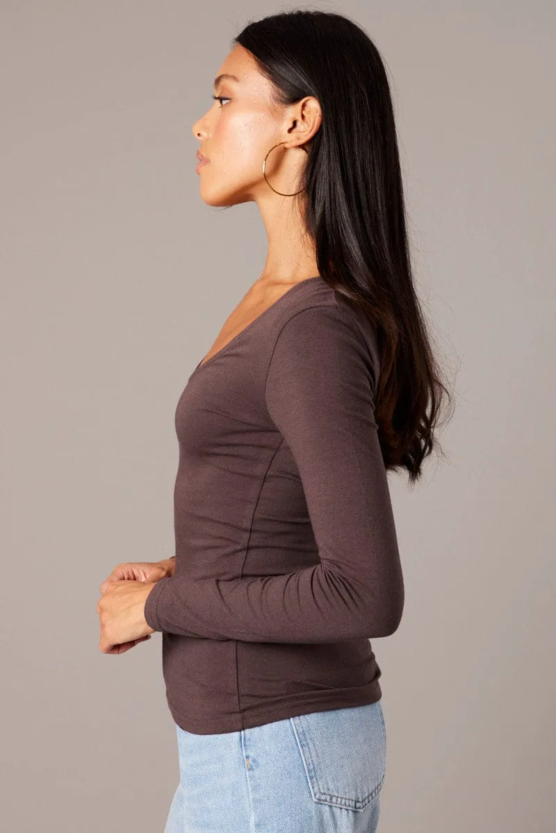 Brown Top Long Sleeve Scoop Neck sold by Ally Fashion product image thumbnail 4