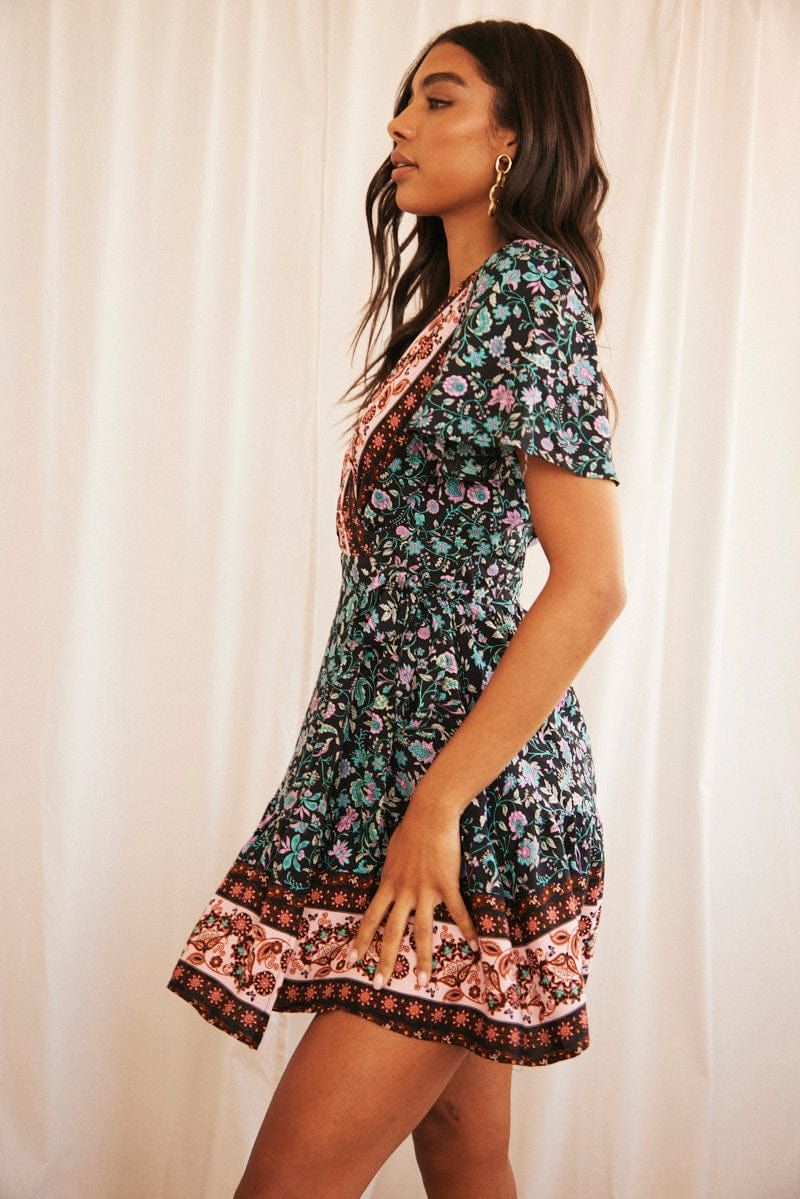 Black Boho Wrap Dress Mini Short Sleeve sold by Ally Fashion product image thumbnail 4