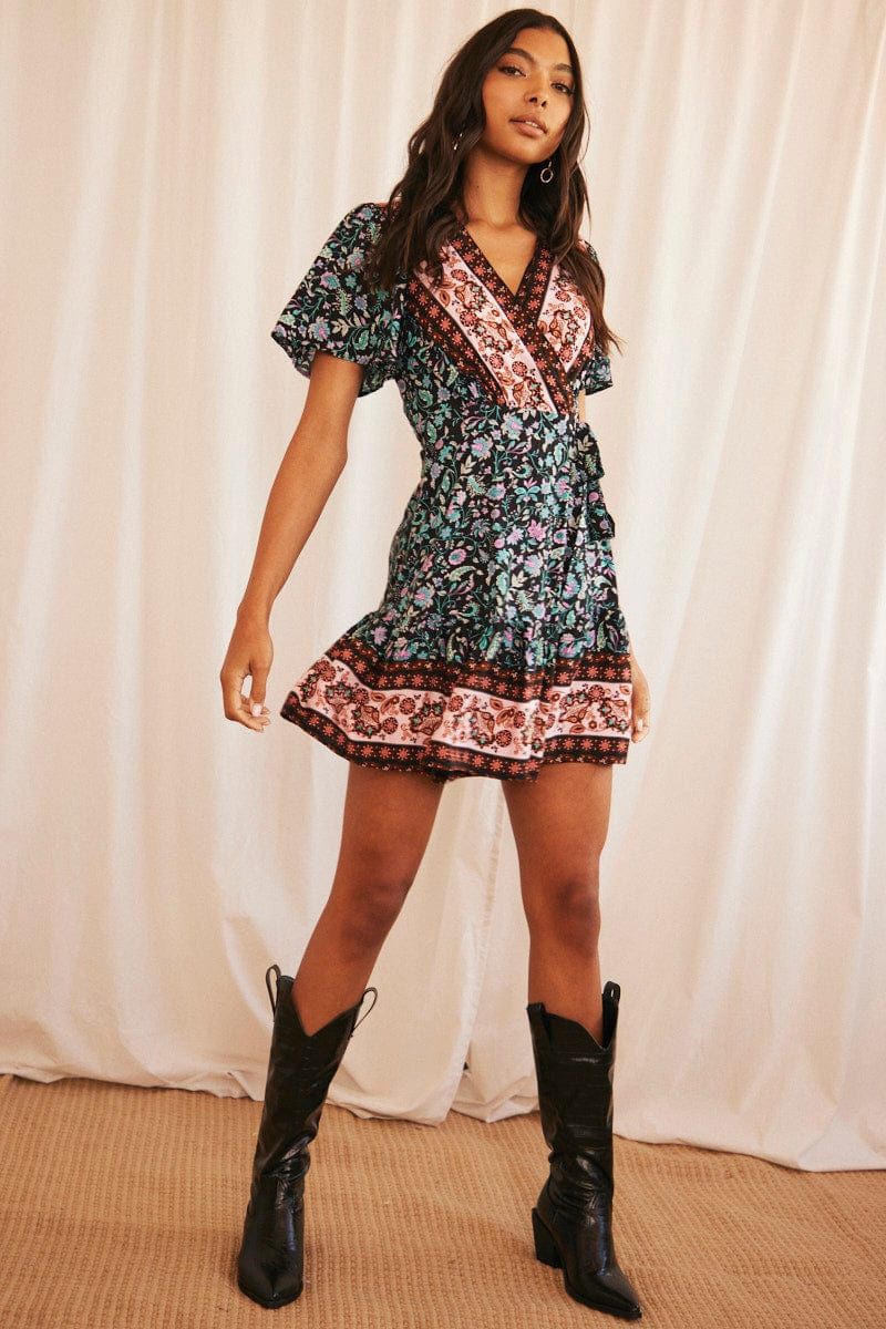 Black Boho Wrap Dress Mini Short Sleeve sold by Ally Fashion product image thumbnail 2