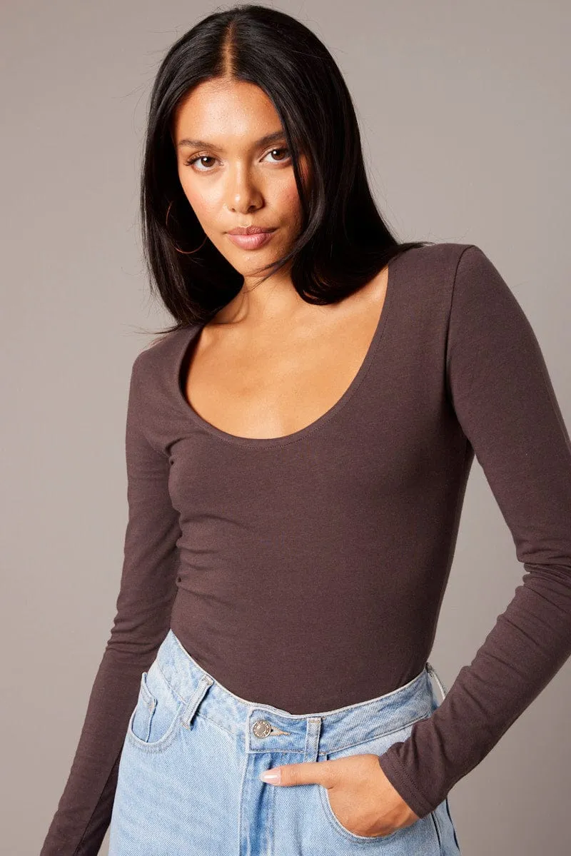 Brown Top Long Sleeve Scoop Neck sold by Ally Fashion product image thumbnail 3