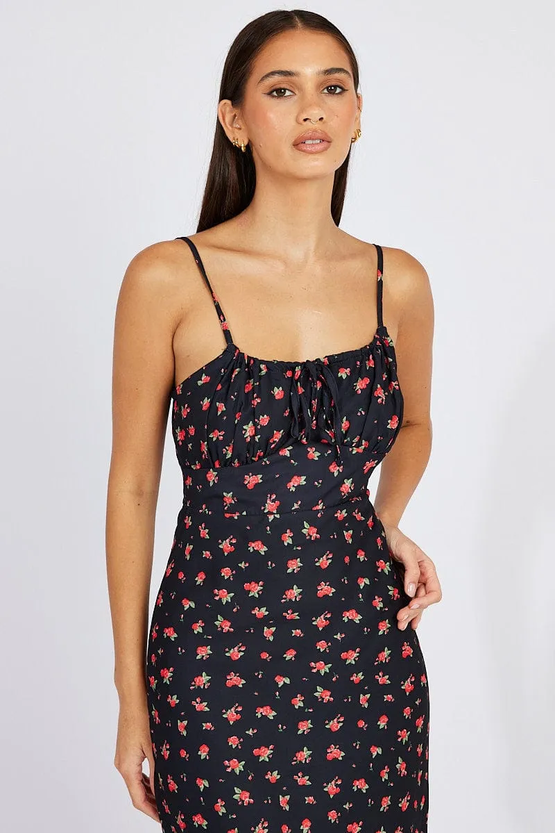 Black Floral Midi Dress Gathering Bust Sleeveless sold by Ally Fashion product image thumbnail 3