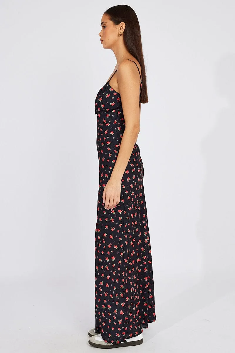 Black Floral Midi Dress Gathering Bust Sleeveless sold by Ally Fashion product image thumbnail 4