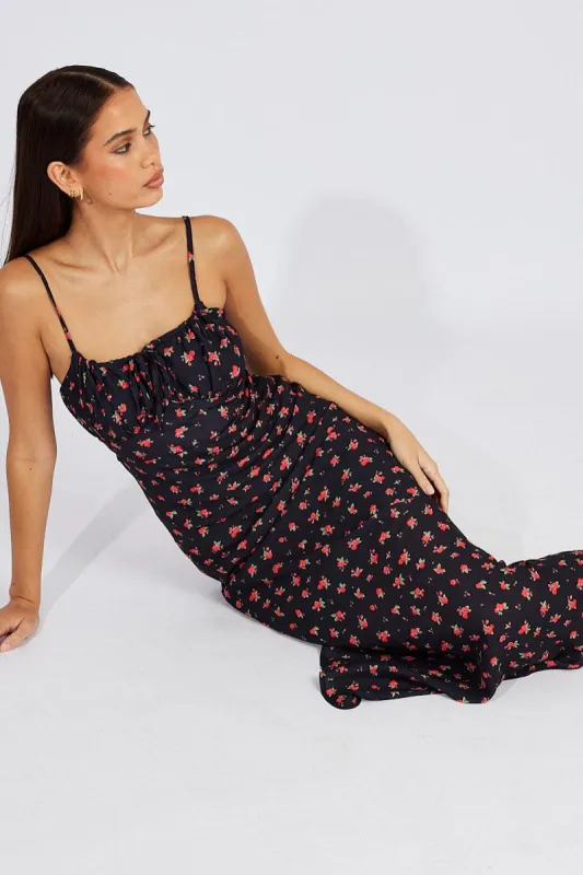 Black Floral Midi Dress Gathering Bust Sleeveless sold by Ally Fashion
