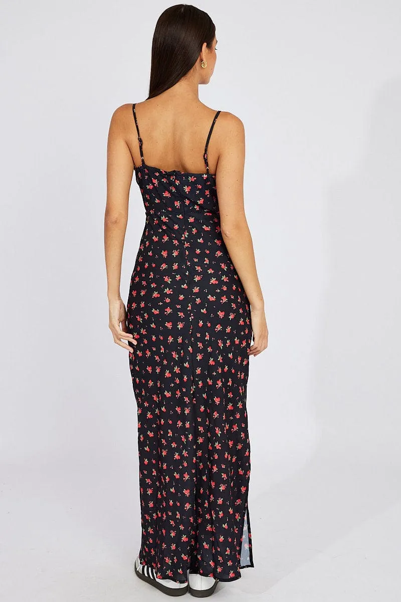Black Floral Midi Dress Gathering Bust Sleeveless sold by Ally Fashion product image thumbnail 5