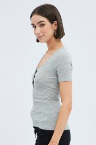 Grey Short Sleeve Rib Placket Top sold by Ally Fashion