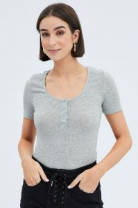 Grey Short Sleeve Rib Placket Top sold by Ally Fashion