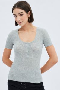 Grey Short Sleeve Rib Placket Top sold by Ally Fashion
