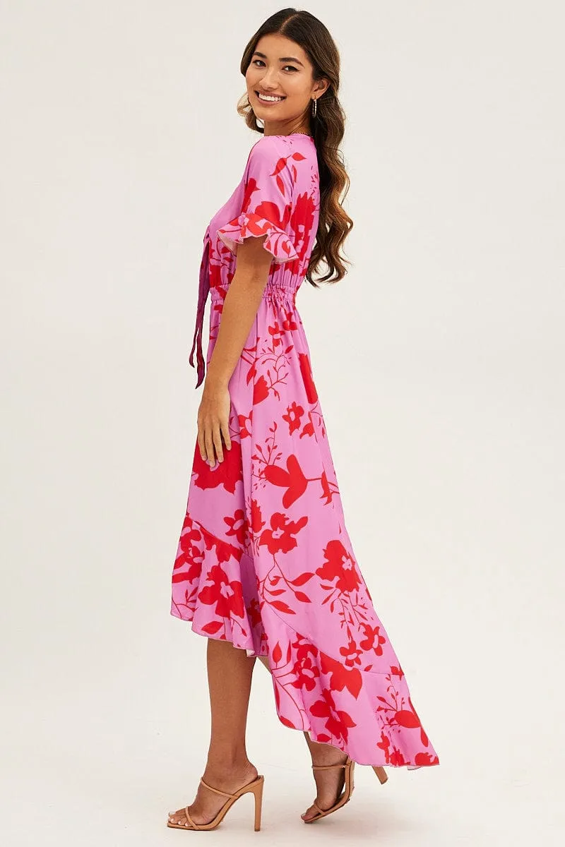 Pink Floral Tie Front Floral Midi Dress sold by Ally Fashion product image thumbnail 4