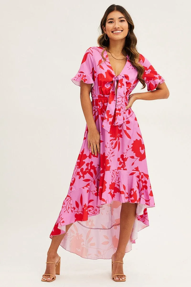 Pink Floral Tie Front Floral Midi Dress sold by Ally Fashion product image thumbnail 3