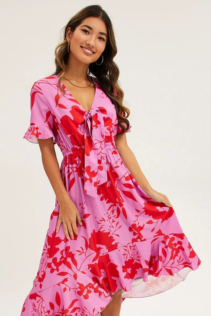 Pink Floral Tie Front Floral Midi Dress sold by Ally Fashion product image thumbnail 2