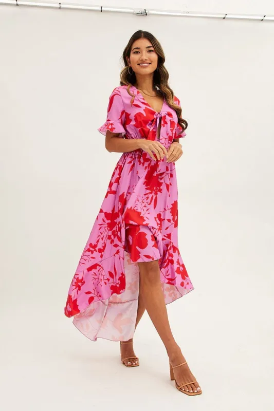 Pink Floral Tie Front Floral Midi Dress sold by Ally Fashion