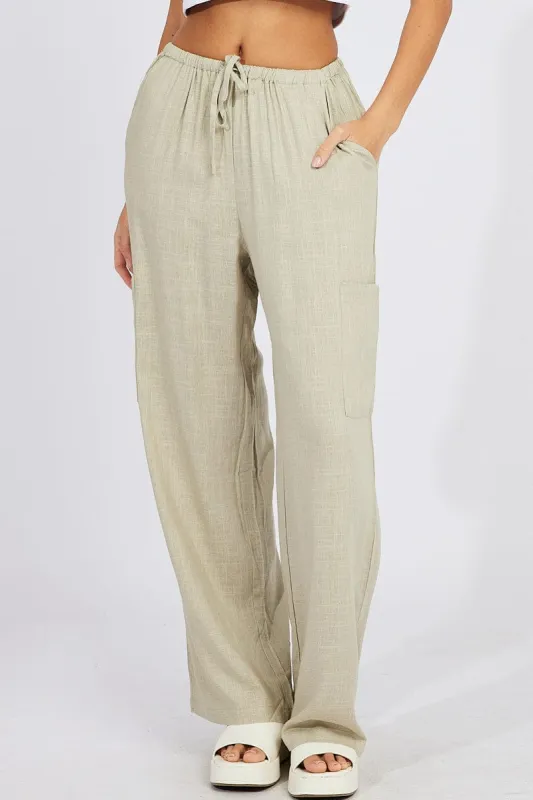 Green Wide Leg Pants Mid Rise Linen Blend sold by Ally Fashion