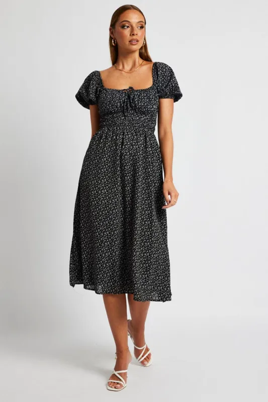 Black Ditsy Midi Dress Short Sleeve Ruched Bust sold by Ally Fashion