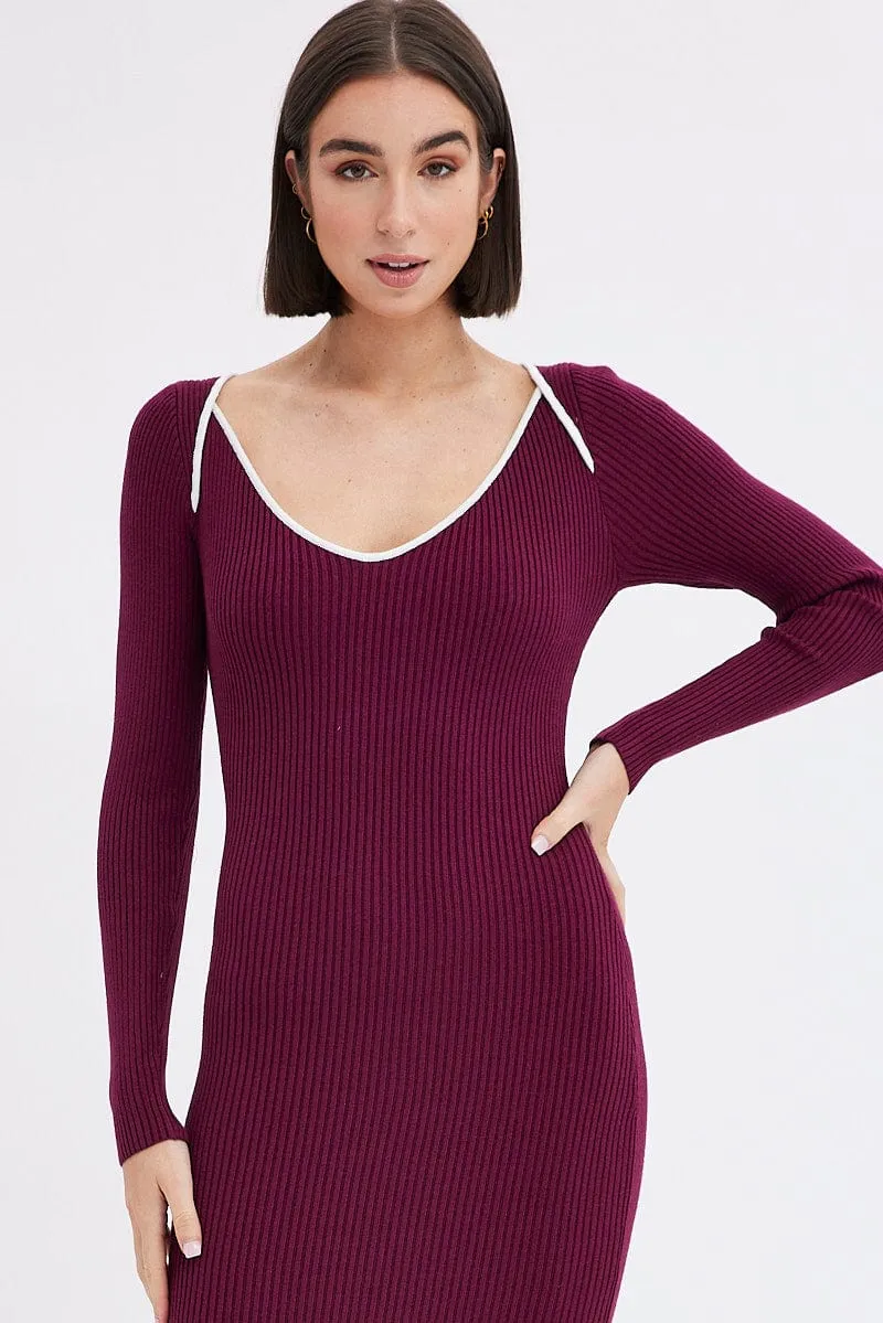 Purple Midi Dress Long Sleeve Sweetheart Contrast Bind sold by Ally Fashion product image thumbnail 2
