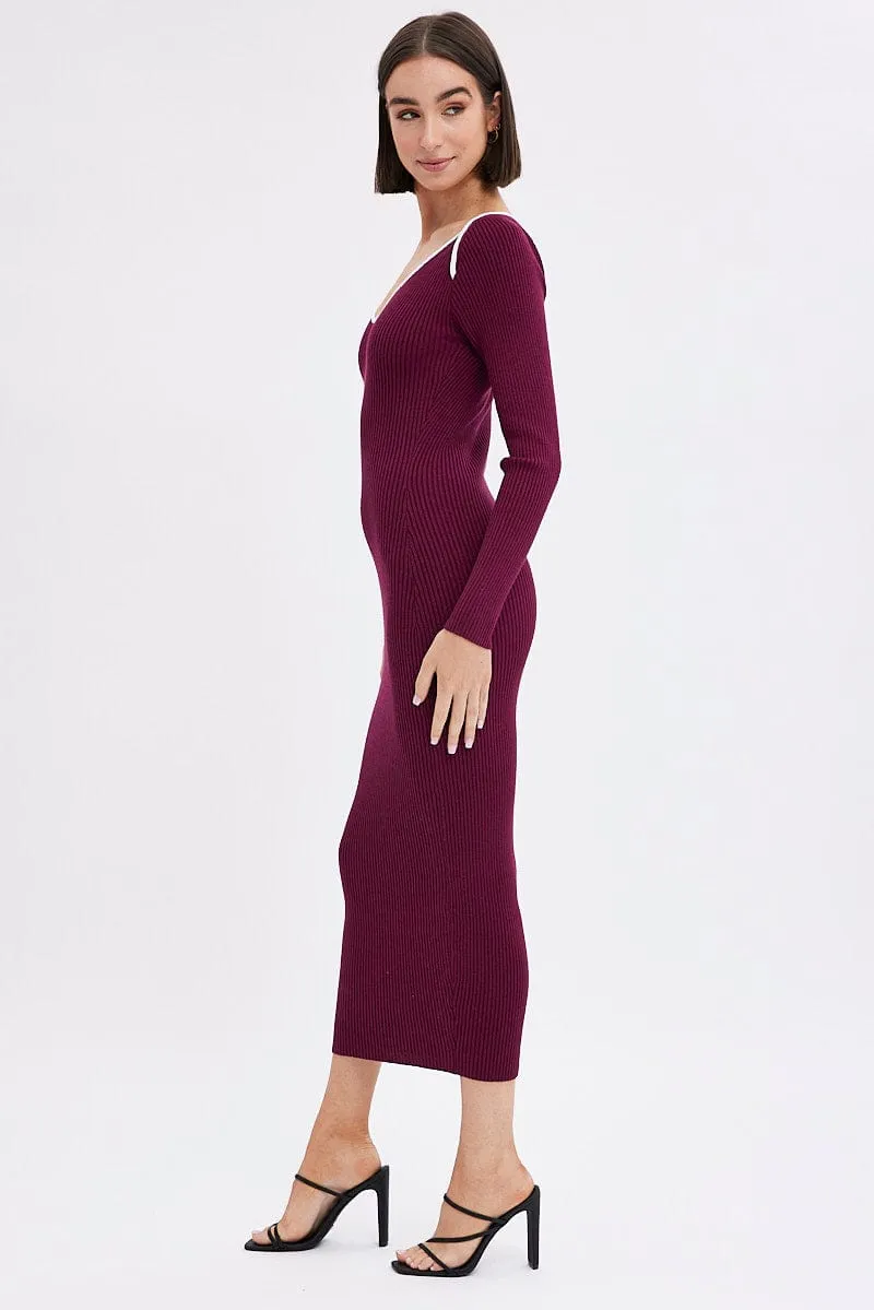Purple Midi Dress Long Sleeve Sweetheart Contrast Bind sold by Ally Fashion product image thumbnail 4