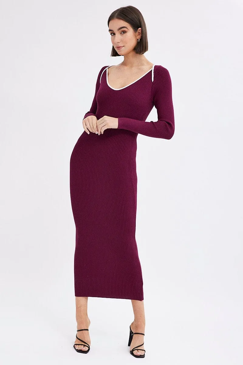 Purple Midi Dress Long Sleeve Sweetheart Contrast Bind sold by Ally Fashion