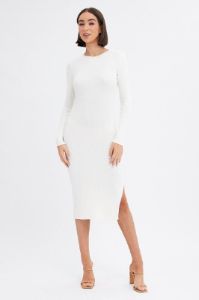 White Midi Dress Long Sleeve Round Neck Rib Knitted sold by Ally Fashion